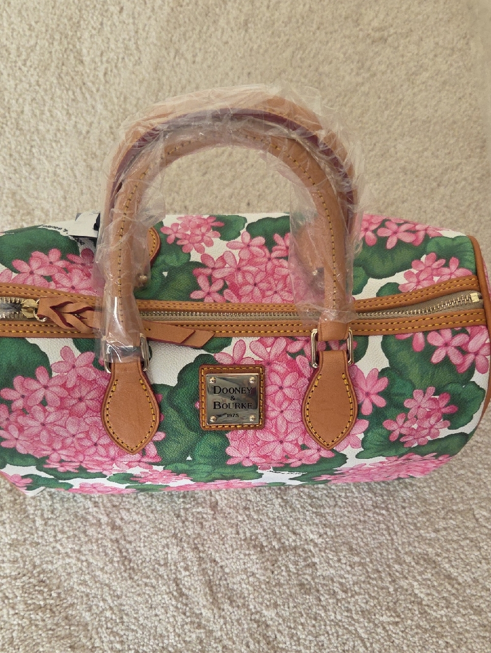 Dooney & Bourke Pink Floral Satchel with Tan Trim